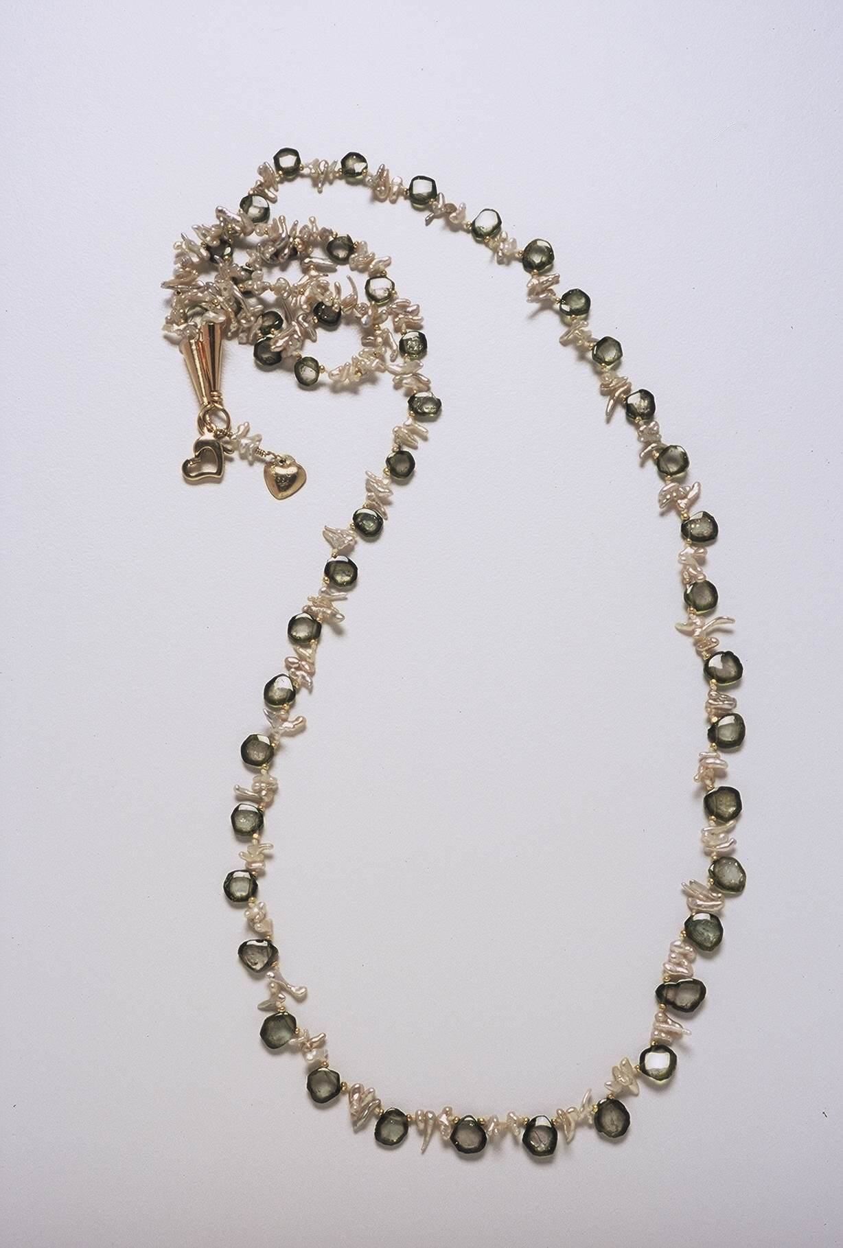 Detail of Watermelon Tourmaline and Pearl Necklace