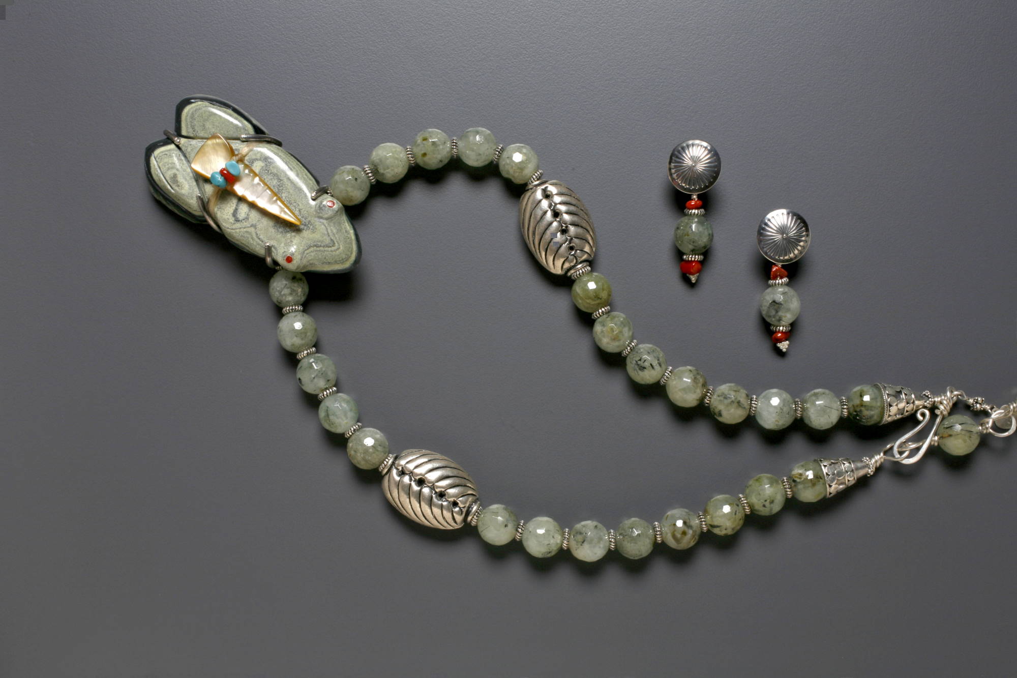 Detail of Waiting Frog Necklace and Earrings